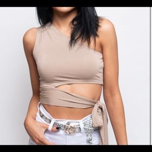 One shoulder tie around the rib top